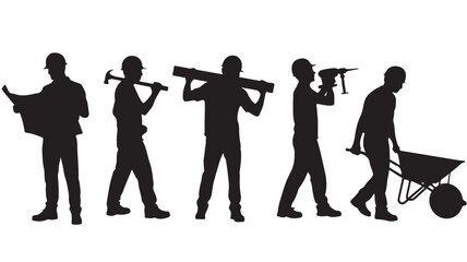 Construction Workers Silhouettes Carrying Tools and Equipment Isolated on White Background