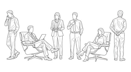 Black-and-white line drawing of six professionals in office setting, seated with laptop or document, standing with phone, conversation, or presentation, symbolizing workplace dynamics, communication, 
