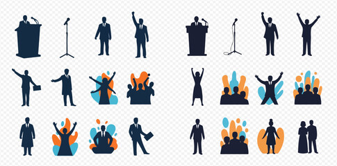 Collection of various business people and public speaking silhouettes, illustrating concepts of leadership, presentation, and audience engagement.