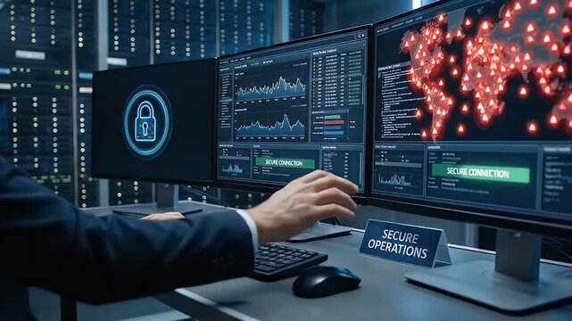 Cybersecurity professional monitoring global network security data on multiple computer screens in a dimly lit server room with glowing red alerts and intricate data visualizations showing network