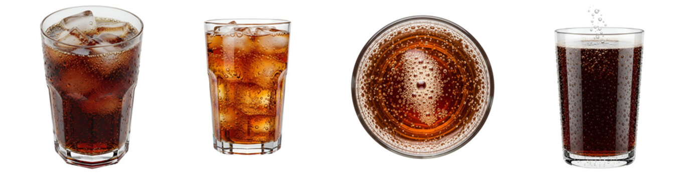 Four glasses filled with a fizzy beverage and ice cubes arranged in a horizontal composition on transparent background