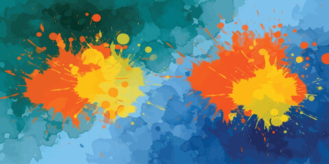 Vibrant Watercolor Paint Splatter Background Abstract Art in Blue Teal Orange and Yellow