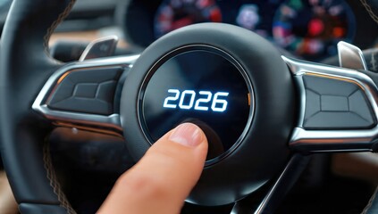 Futuristic car dashboard with digital 2026 button