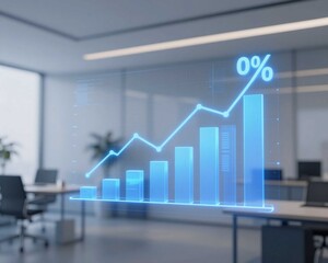 Blue futuristic finance infographic inside corporate office illustrating revenue performance
