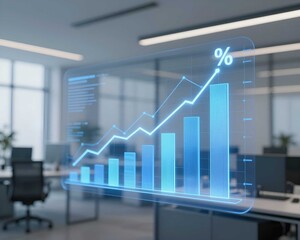 Modern corporate office with abstract financial visualization showing business growth trends