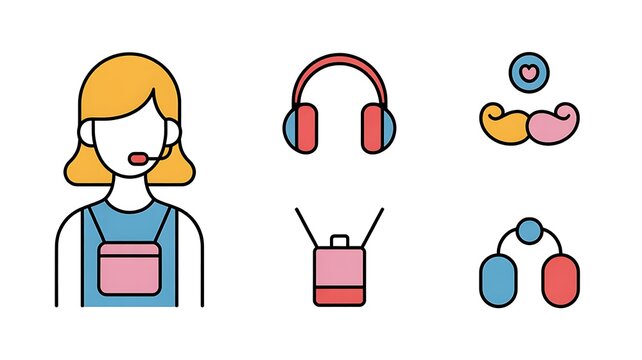 girl with headphones in her ears and a bag around her neck icon set.Editable line icons. on white vector illustration. 