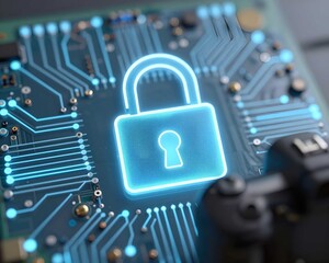 Cyber security concept with glowing digital padlock on circuit board