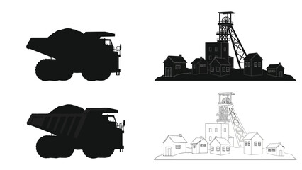 Industrial scene depicting mining equipment buildings and a silhouette illustration © msunny93