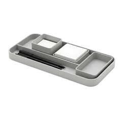 Minimalist light gray desk organizer tray with pens and sticky notes on transparent background