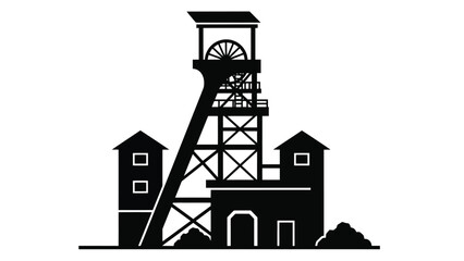 A striking black and white illustration of a mine shaft headframe and buildings © msunny93