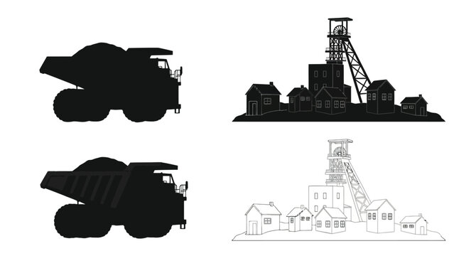 Industrial scene depicting mining equipment buildings and a silhouette illustration