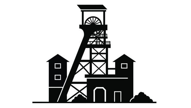 A striking black and white illustration of a mine shaft headframe and buildings