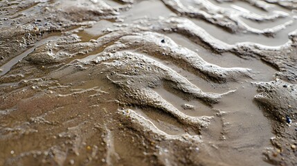 Close up of muddy sand texture with intricate water channels on a tidal flat, showing the natural geology of the wet coastal ground.