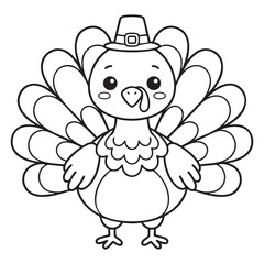 Obraz premium A charming black and white illustration of a cartoon turkey wearing a pilgrim hat for thanksgiving festivities