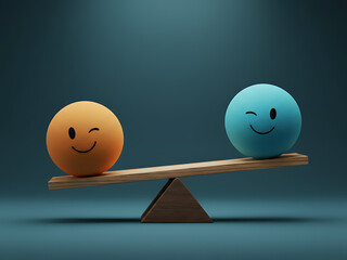AI-powered Sentiment Analysis & User Insight,  Two winking faces balance on scales. Orange, blue spheres represent positive sentiment assessment. Emotions balance. Image for AI based feedback evaluati