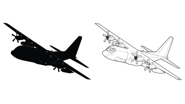 A detailed illustration showcasing two views of a military transport aircraft