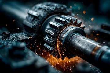 Sparks fly from interlocking metal gears as they grind against a rotating shaft.