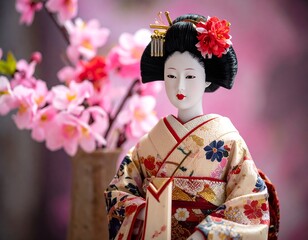 Traditional Japanese doll with floral embellishments and blossoms