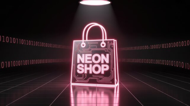 Neon Shop Digital Presence: A glowing neon shopping bag, emblazoned with NEON SHOP, takes center stage within a digital realm, illuminated by spotlights and binary code. - Powered by Adobe