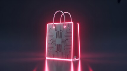 Digital Shopping: A neon outline of a shopping bag, subtly infused with circuit board patterns, illuminated in a dimly lit setting.