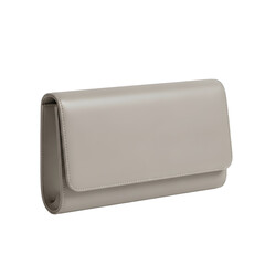 Elegant taupe leather clutch bag with flap closure on transparent background