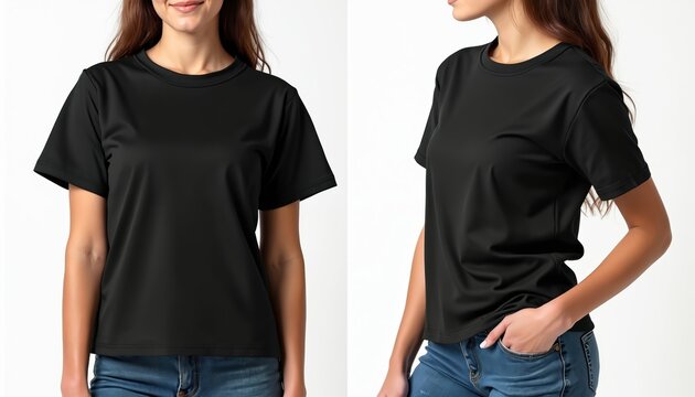 Two female models wear plain black t-shirts. One faces forward showing front view, other faces side showing profile. Perfect for apparel mockups, design templates, and online clothing shops.