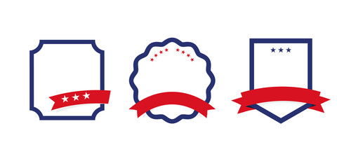 Set of empty blue frames with red ribbons and stars for American patriotic labels, badges and certificates
