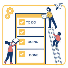 Project management workflow concept with kanban board and checklist flat vector illustration