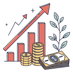 Financial growth and investment concept with rising bar chart and stacked coins flat vector
