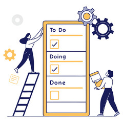 Project management workflow concept with kanban board and checklist flat vector illustration