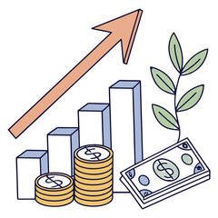 Financial growth and investment concept with rising bar chart and stacked coins flat vector