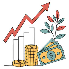 Financial growth and investment concept with rising bar chart and stacked coins flat vector