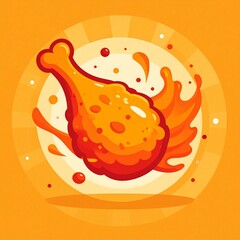 Delicious crispy fried chicken drumstick illustration, vibrant and dynamic, with fiery spice splashes on a warm orange background, perfect for food themes and restaurant promotions