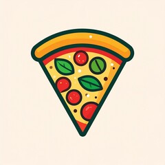 Delicious slice of pepperoni pizza with basil leaves and tomato toppings, cartoon illustration for food promotion