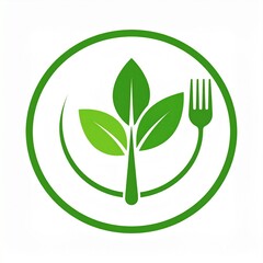 Circular logo featuring vibrant green leaves, an elegant plate, and a sleek fork, symbolizing healthy eating, organic food, natural nutrition, and sustainable lifestyle concepts