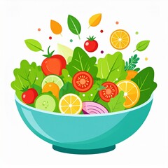 Vibrant, fresh salad illustration in a bowl, filled with colorful healthy ingredients like crisp greens, juicy tomatoes, and citrus, promoting wholesome nutrition and a balanced diet