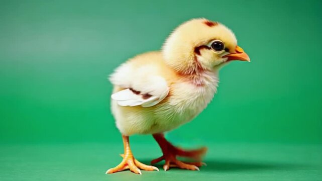 A small yellow chick standing on a green background looking straight ahead in a studio shot chicken green screen video