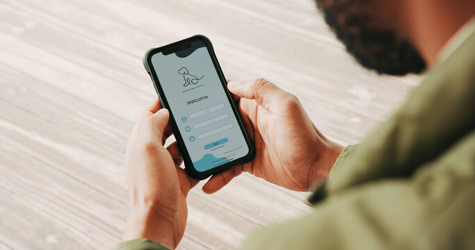 Pet, sign up and man with phone screen, hands and application for insurance. Closeup, booking app and person with cellphone, animal care or customer experience with information, internet or verifying