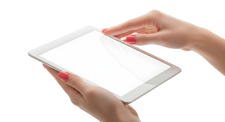 Womans hands using white tablet computer isolated on transparent background