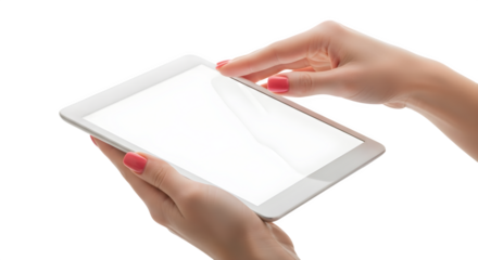 Womans hands using white tablet computer isolated on transparent background