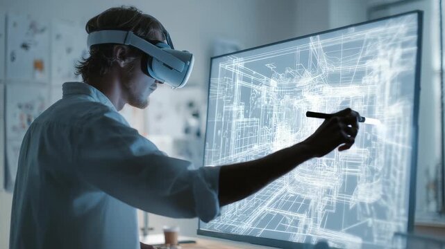 Focused designer interacts with a 3D architectural model using VR equipment and digital tools in a modern office. Innovative technology and immersive visualization transform creative workflows