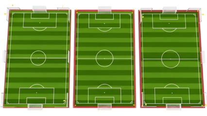 A trio of identical football pitches with standard markings from an aerial perspective