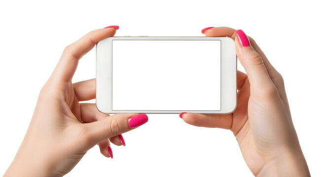 Womans hands holding white smartphone horizontal isolated on transparent background - Powered by Adobe