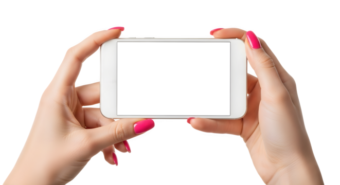 Womans hands holding white smartphone horizontal isolated on transparent background - Powered by Adobe