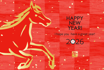 日本の2026年賀状　和紙風市松模様に馬