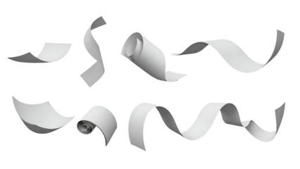 White paper strips and scrolls floating in various curved shapes on black background