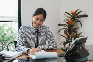 Overjoyed businesswoman happy for successful work.
