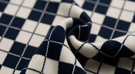 Close-up of a navy blue and white checkered knitted fabric with a diamond pattern, showcasing texture and drape of the material