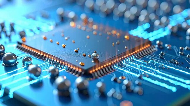 Close-up of a computer chip on a circuit board, highlighting the intricate details of modern technology and electronic components.