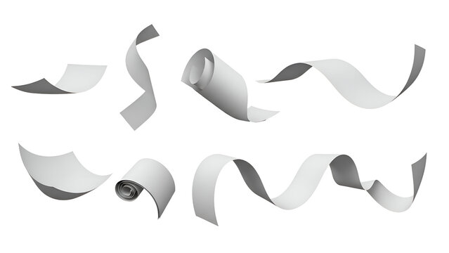 White paper strips and scrolls floating in various curved shapes on black background